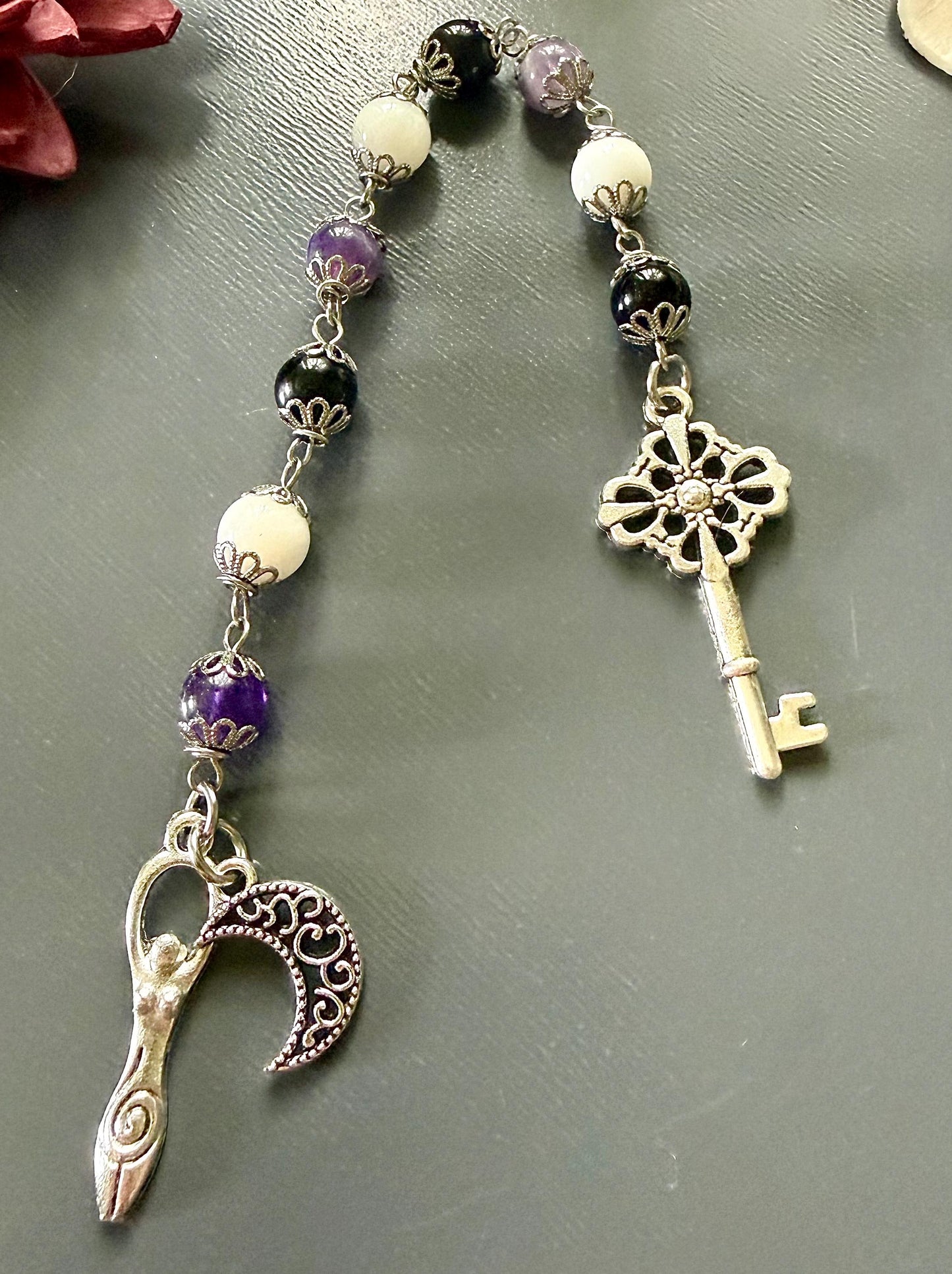 Goddess Hecate Devotional and Prayer Beads:  Amethyst, Obsidian, Moonstone, Moon and Key Charm.