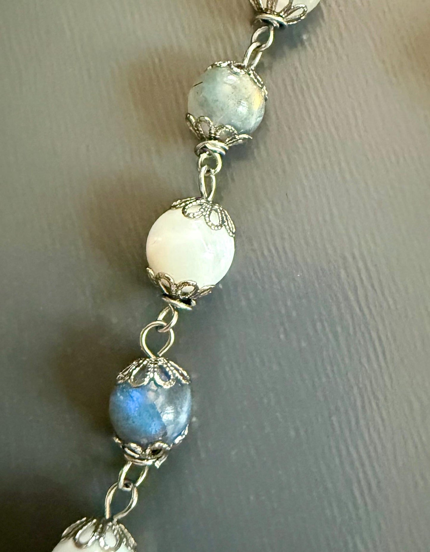 Labradorite Moonstone Pagan or Witchcraft Prayer Beads:  Pentacle, Goddess, and Moon Charm.