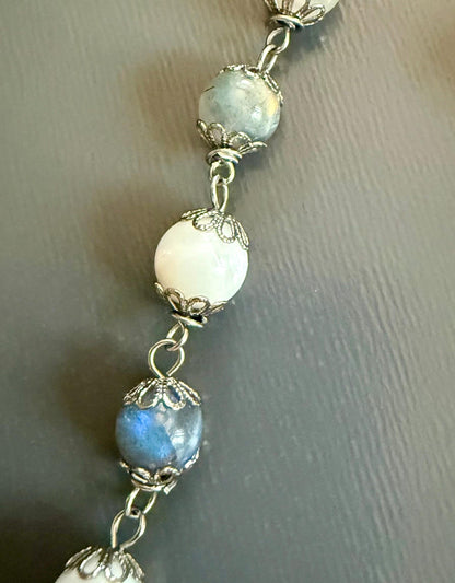 Labradorite Moonstone Pagan or Witchcraft Prayer Beads:  Pentacle, Goddess, and Moon Charm.