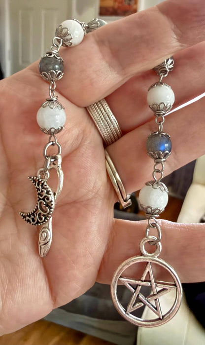 Labradorite Moonstone Pagan or Witchcraft Prayer Beads:  Pentacle, Goddess, and Moon Charm.