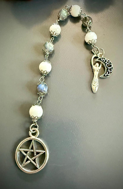 Labradorite Moonstone Pagan or Witchcraft Prayer Beads:  Pentacle, Goddess, and Moon Charm.