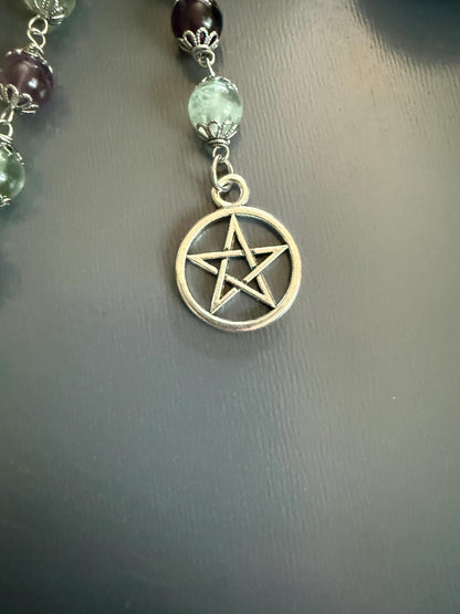 Rainbow Flourite Pagan or Witchcraft Prayer Beads with Goddess, Moon, and Pentacle Charm.