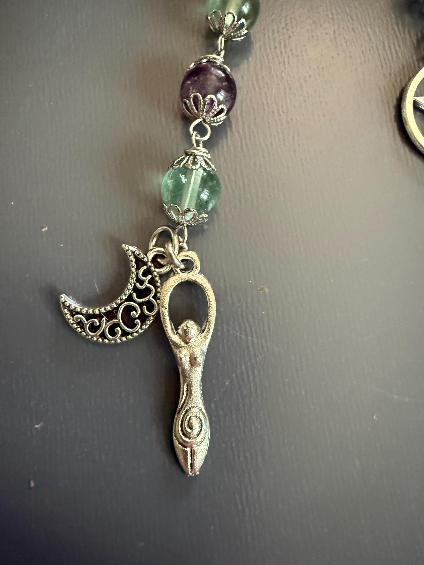 Rainbow Flourite Pagan or Witchcraft Prayer Beads with Goddess, Moon, and Pentacle Charm.