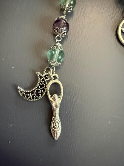 Rainbow Flourite Pagan or Witchcraft Prayer Beads with Goddess, Moon, and Pentacle Charm.