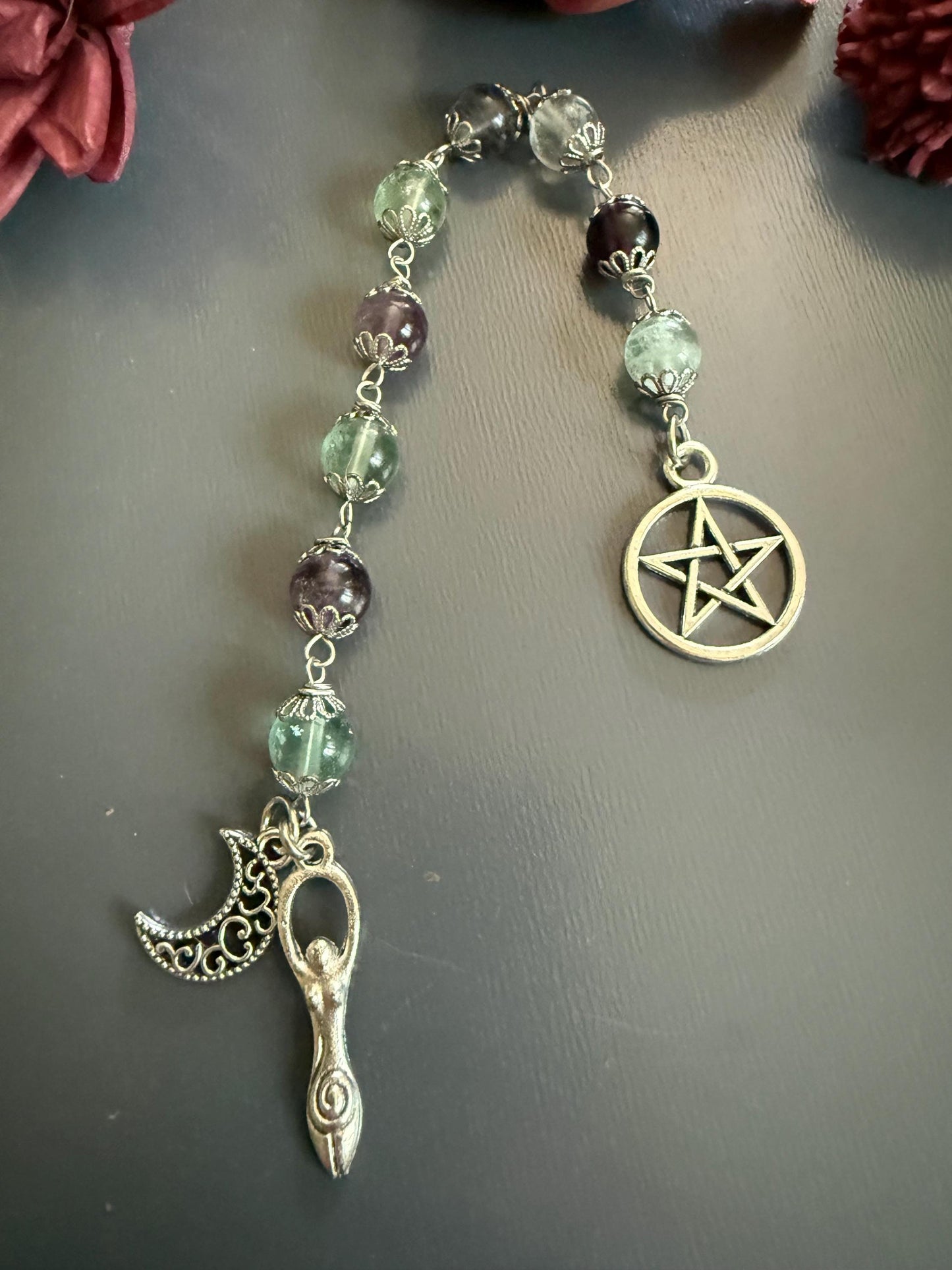 Rainbow Flourite Pagan or Witchcraft Prayer Beads with Goddess, Moon, and Pentacle Charm.