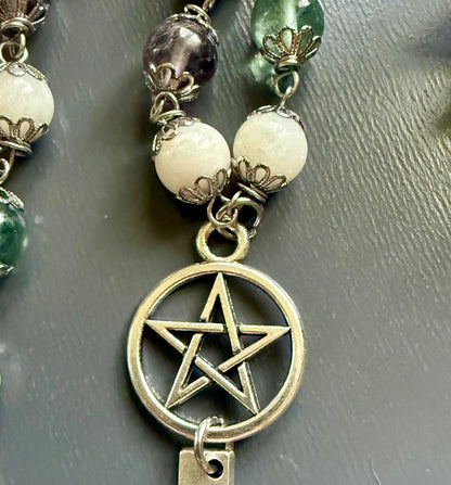 Witches Rosary with Moonstone and Rainbow Fluorite Beads.