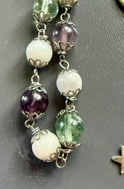 Witches Rosary with Moonstone and Rainbow Fluorite Beads.