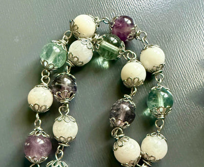 Witches Rosary with Moonstone and Rainbow Fluorite Beads.