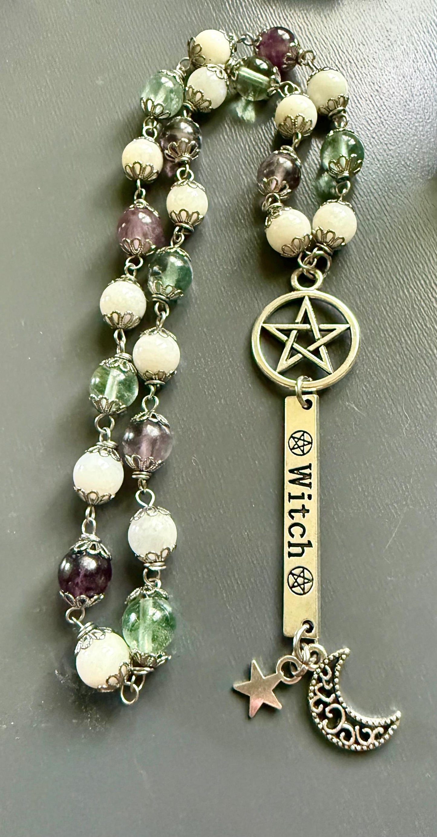 Witches Rosary with Moonstone and Rainbow Fluorite Beads.