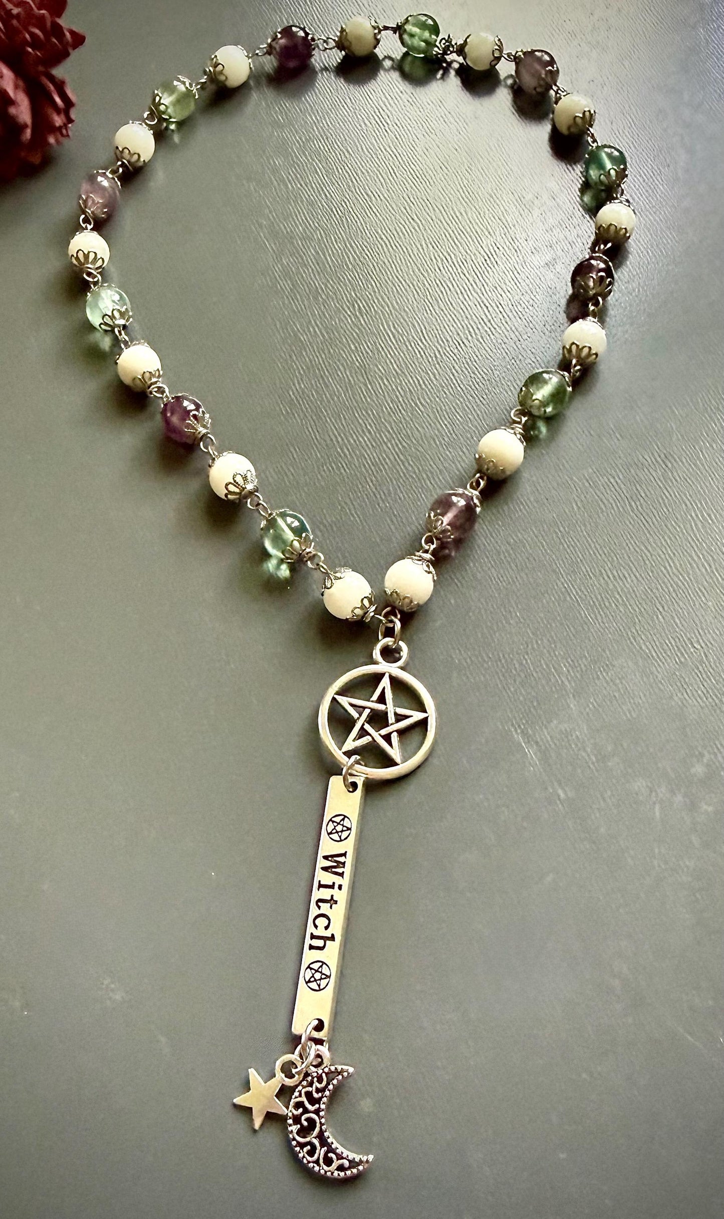 Witches Rosary with Moonstone and Rainbow Fluorite Beads.