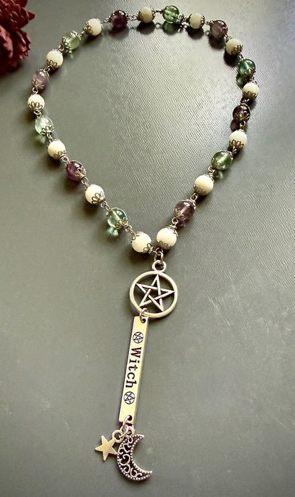 Witches Rosary with Moonstone and Rainbow Fluorite Beads.