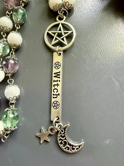 Witches Rosary with Moonstone and Rainbow Fluorite Beads.