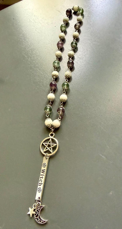 Witches Rosary with Moonstone and Rainbow Fluorite Beads.