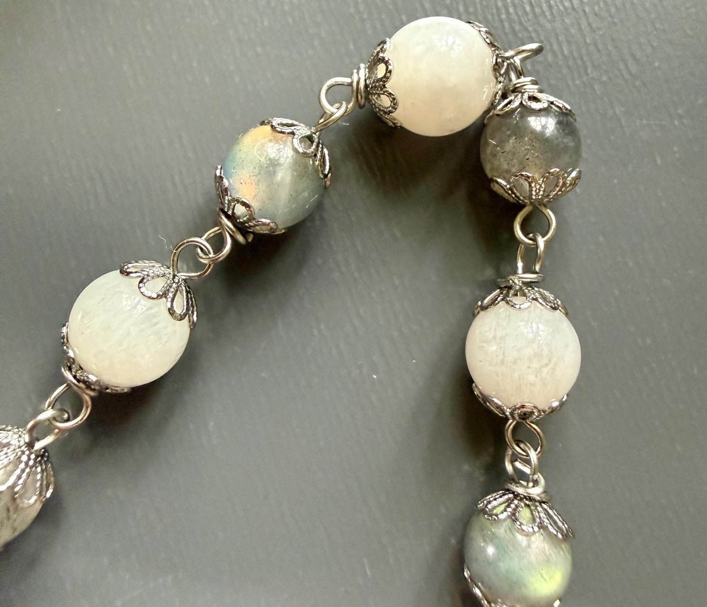 Labradorite and Moonstone Beaded Pendulum with Celtic Knot Charm.