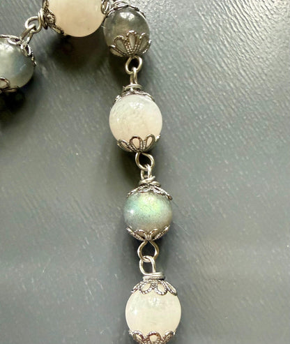 Labradorite and Moonstone Beaded Pendulum with Celtic Knot Charm.