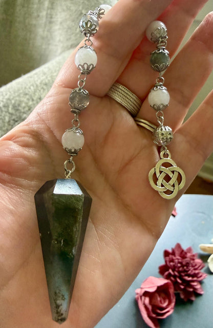 Labradorite and Moonstone Beaded Pendulum with Celtic Knot Charm.