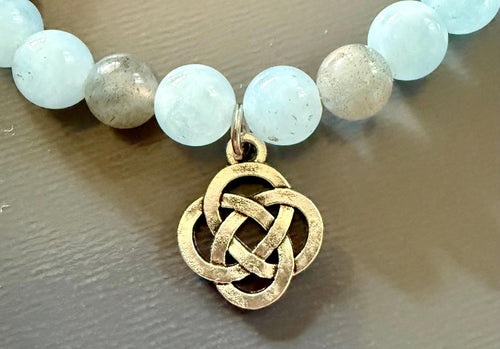 Aquamarine and Labradorite Gemstone Bracelet with Celtic Knot.