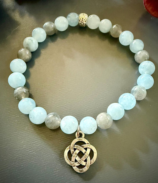 Aquamarine and Labradorite Gemstone Bracelet with Celtic Knot.