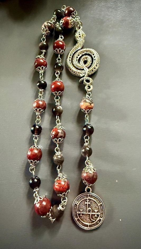 Lilith Sigil Witch’s Rosary with Red Brecciated Jasper, Obsidian, and Snake Charm.