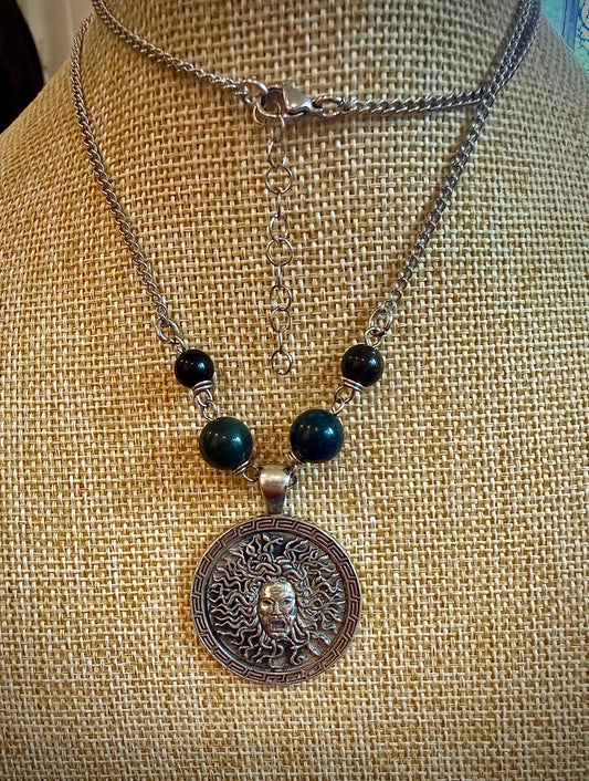 Medusa Pendant Necklace with Moss Agate and Obsidian Beads.