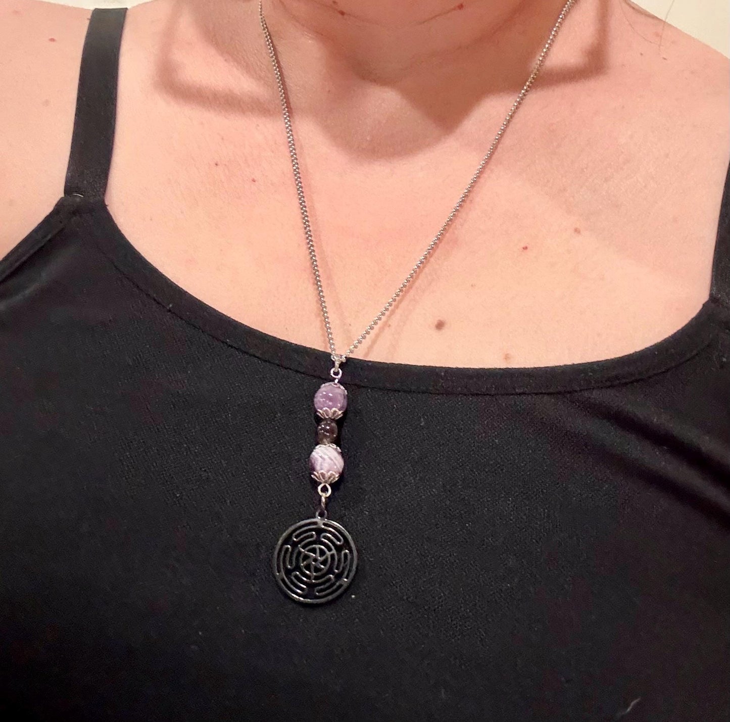 Hekate’s Wheel Strophalos Charm Necklace with Obsidian and Amethyst Beads.