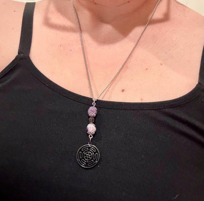 Hekate’s Wheel Strophalos Charm Necklace with Obsidian and Amethyst Beads.