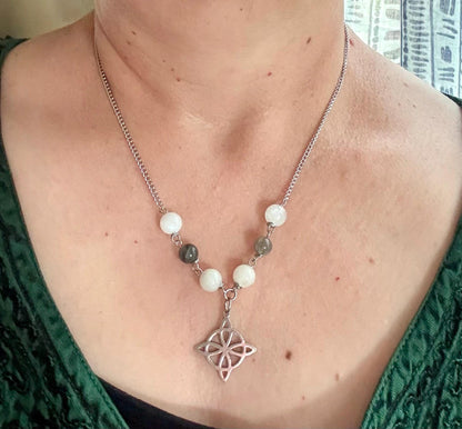 Witch’s Knot Charm Pendant Necklace with Labradorite and Moonstone Beads.