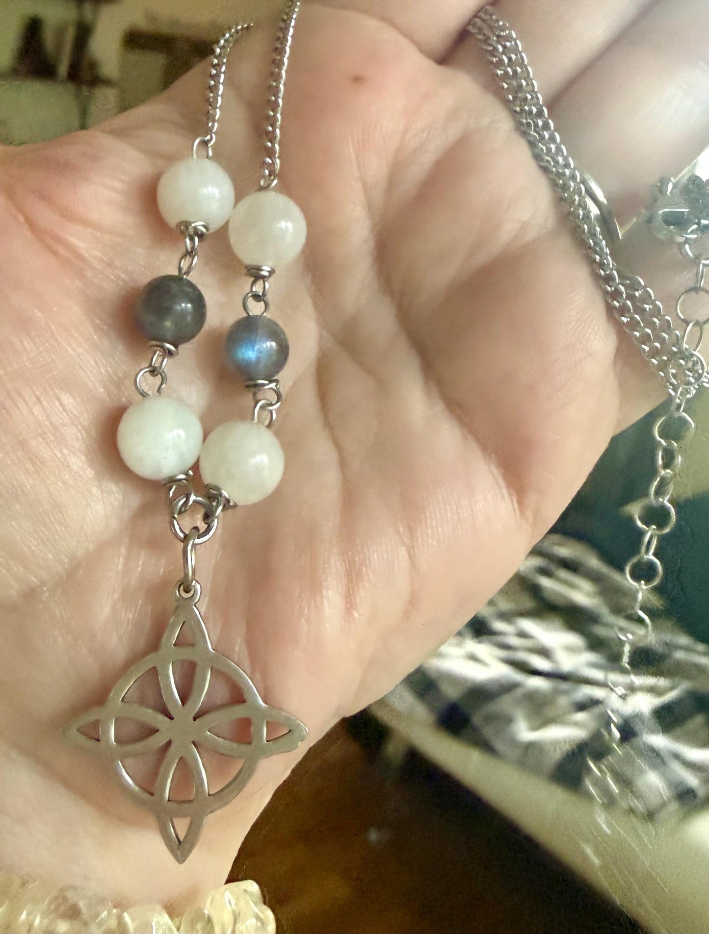 Witch’s Knot Charm Pendant Necklace with Labradorite and Moonstone Beads.