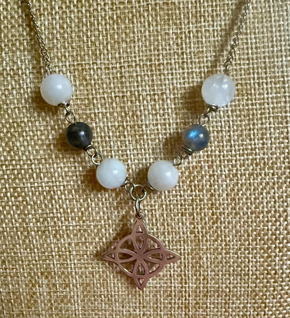 Witch’s Knot Charm Pendant Necklace with Labradorite and Moonstone Beads.