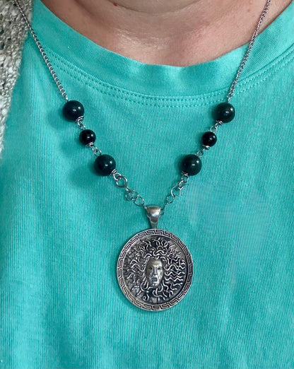 Medusa Pendant Necklace with Moss Agate and Obsidian Beads.