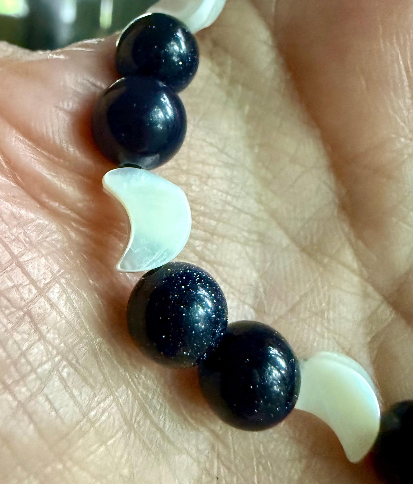 Blue Sandstone and Crescent Moon Nyx Devotional Beaded Bracelet.