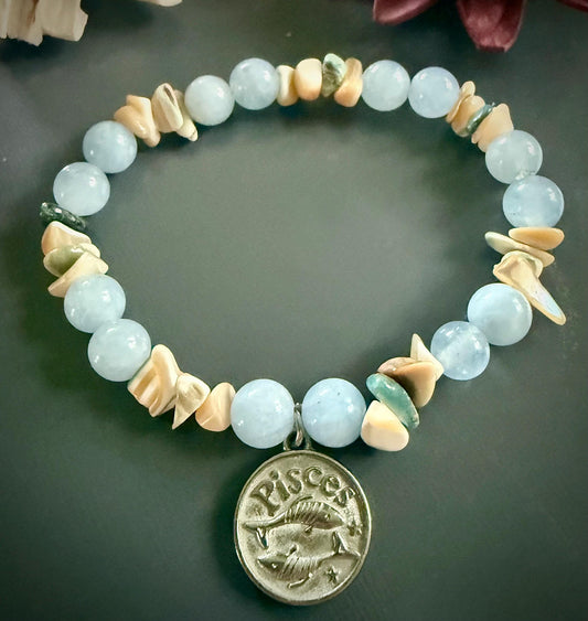 Pisces Zodiac Bracelet with Aquamarine and Shell Beads.