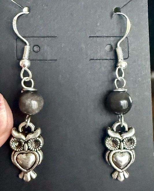 Owl Charm Earrings with Obsidian Beads.