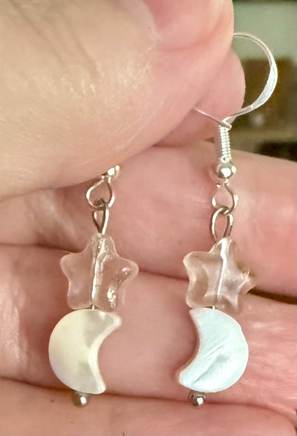 Crescent Moon Shell with Glass Star Dangle Earrings.