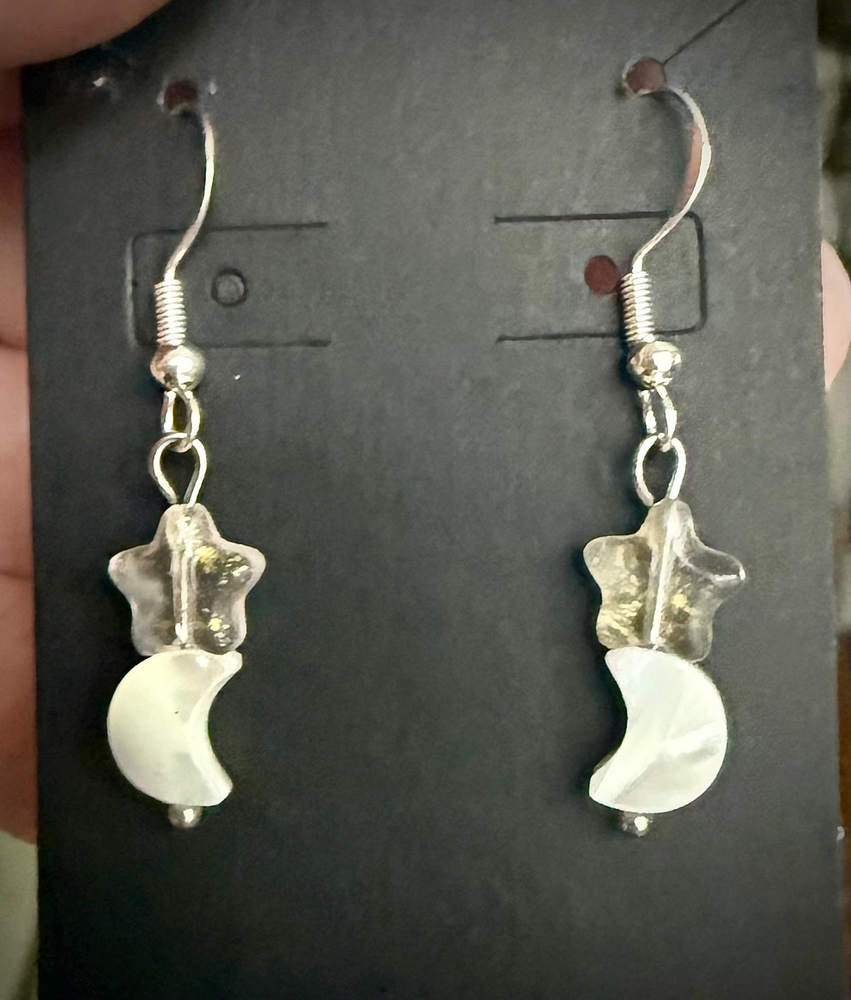 Crescent Moon Shell with Glass Star Dangle Earrings.