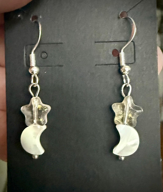 Crescent Moon Shell with Glass Star Dangle Earrings.