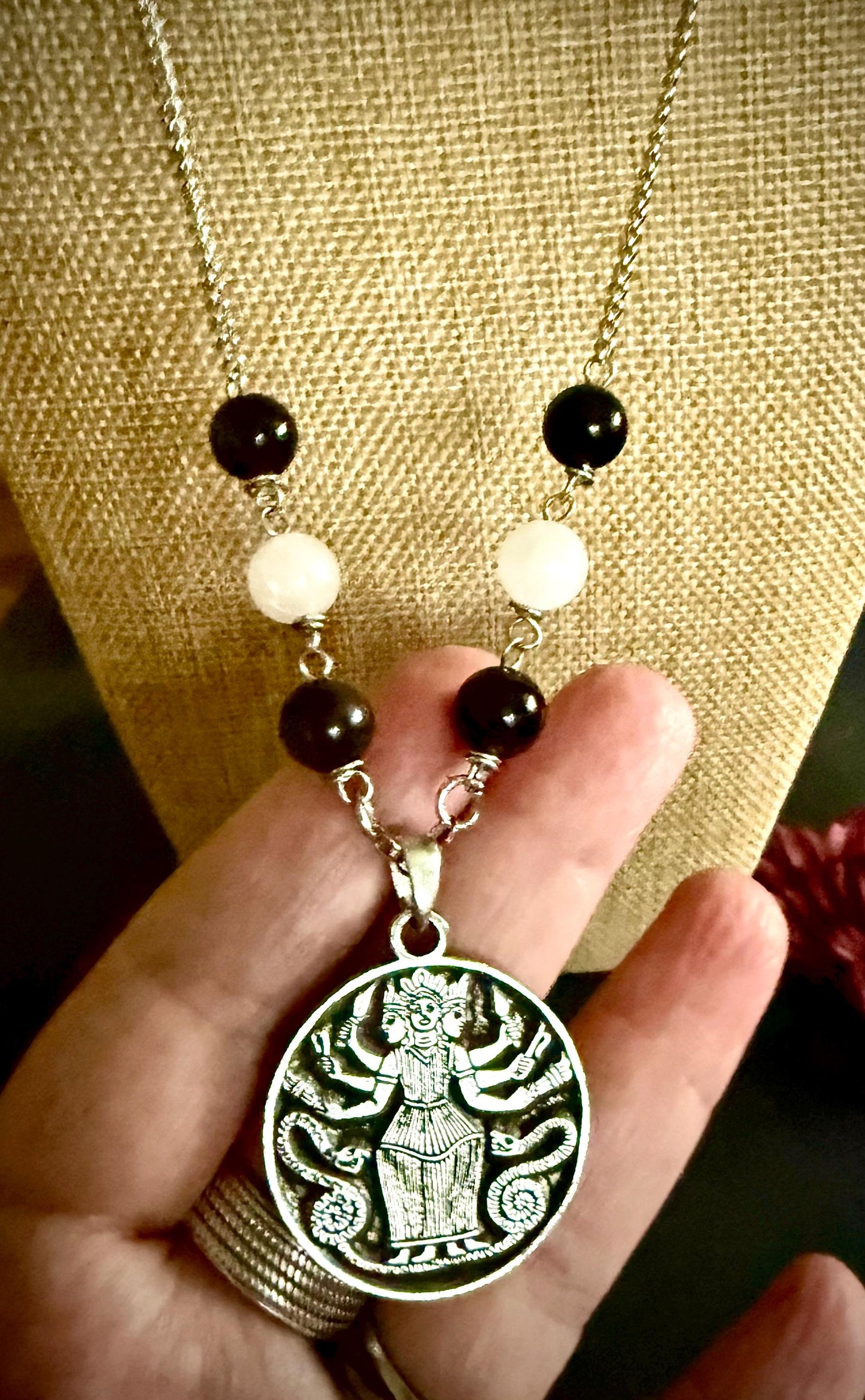 Triple Goddess Hekate Pendant Necklace with Obsidian and Moonstone Beads.