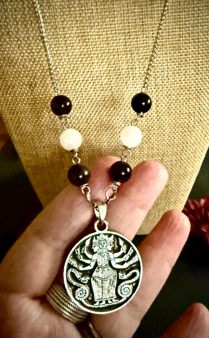Triple Goddess Hekate Pendant Necklace with Obsidian and Moonstone Beads.