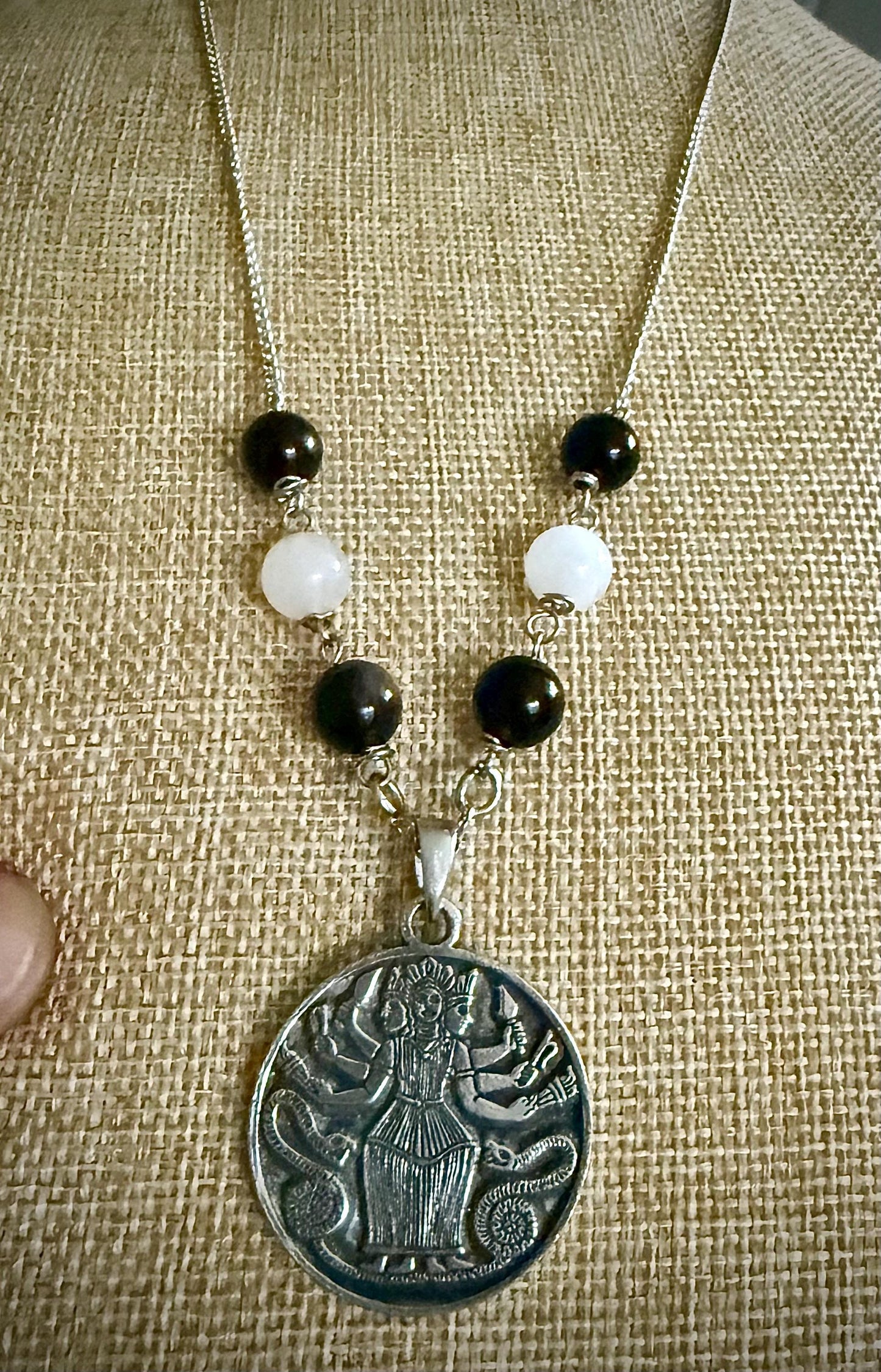 Triple Goddess Hekate Pendant Necklace with Obsidian and Moonstone Beads.