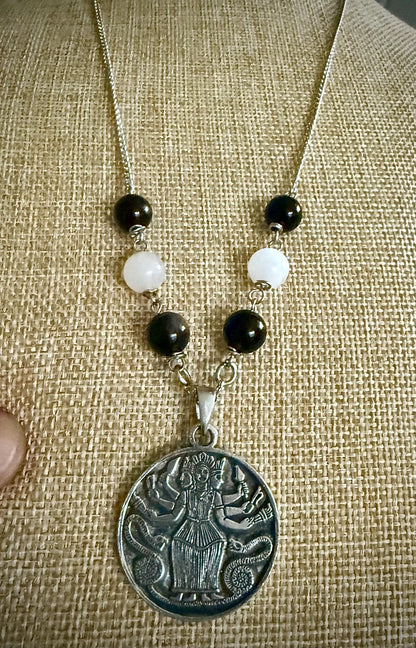 Triple Goddess Hekate Pendant Necklace with Obsidian and Moonstone Beads.