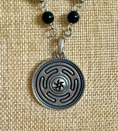 Hekate’s Wheel Strophalos Pendant Necklace with Obsidian and Moonstone Beads.