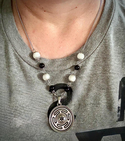 Hekate’s Wheel Strophalos Pendant Necklace with Obsidian and Moonstone Beads.