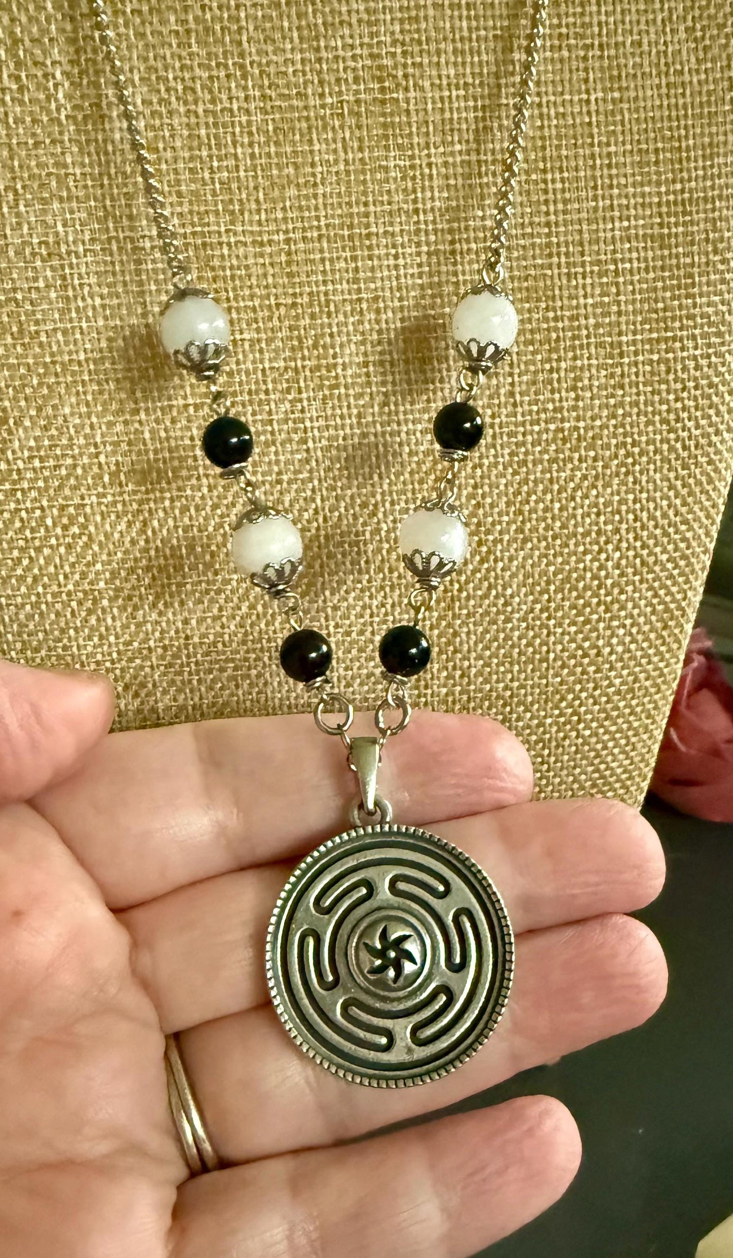 Hekate’s Wheel Strophalos Pendant Necklace with Obsidian and Moonstone Beads.