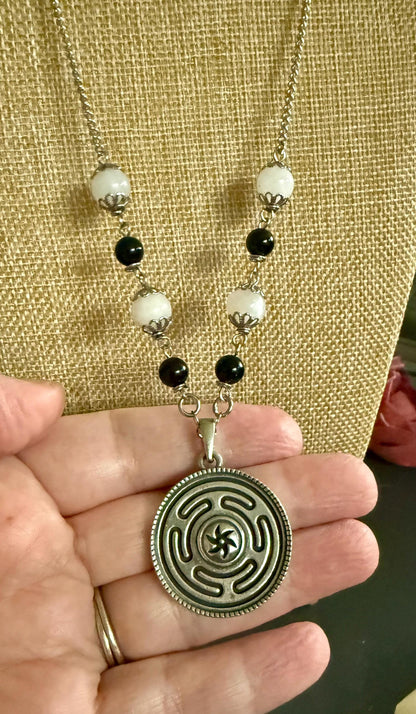 Hekate’s Wheel Strophalos Pendant Necklace with Obsidian and Moonstone Beads.