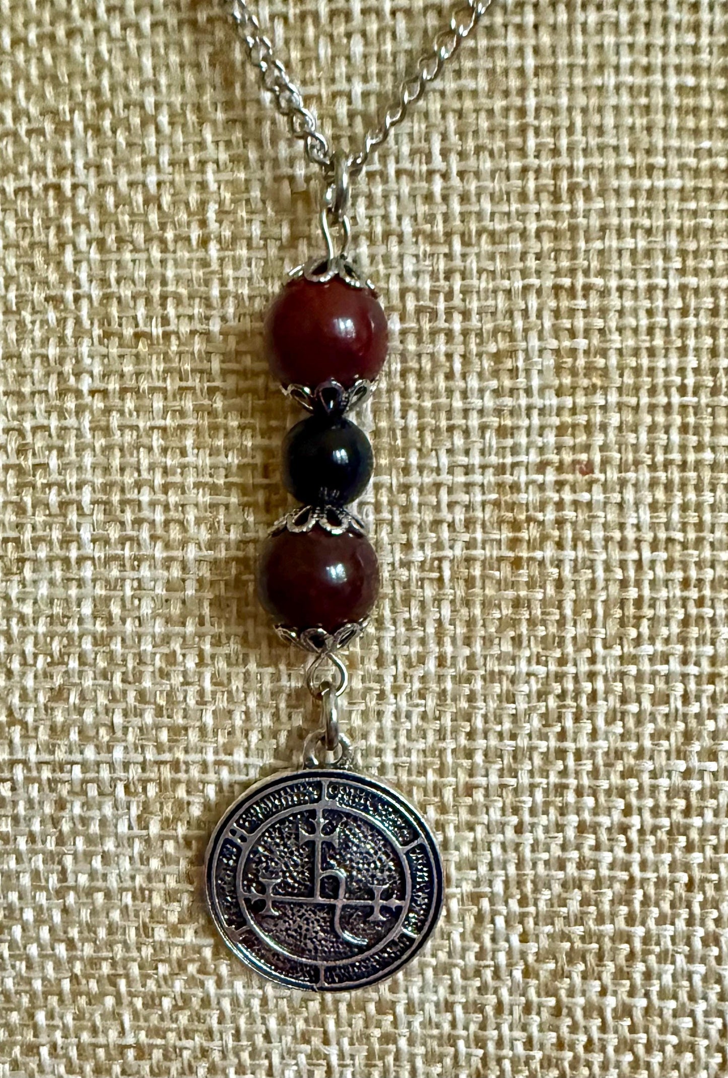 Lilith Sigil Necklace with Red Brecciated Jasper, and Obsidian Beads.