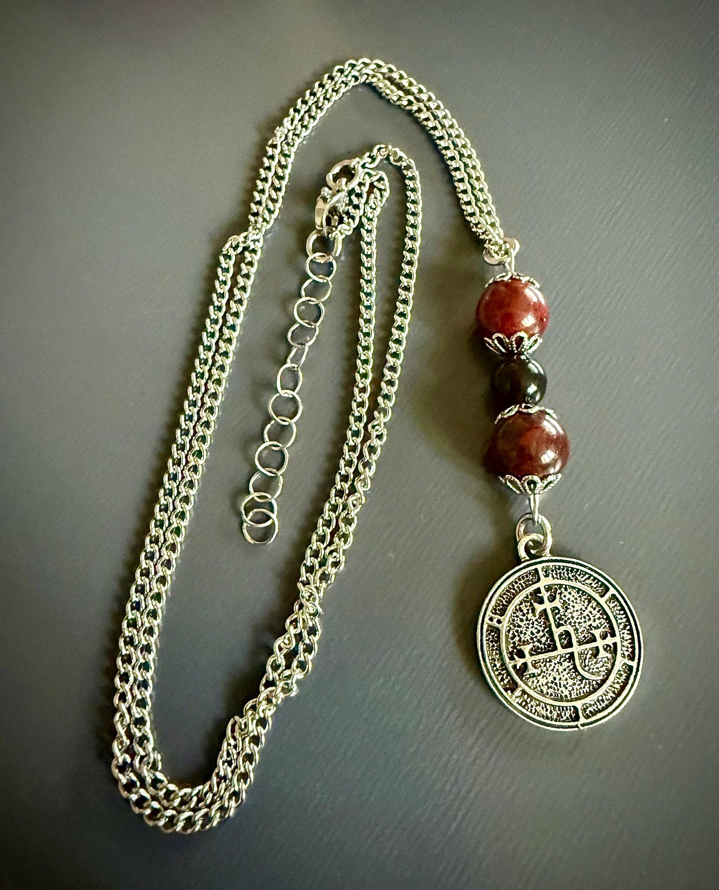 Lilith Sigil Necklace with Red Brecciated Jasper, and Obsidian Beads.