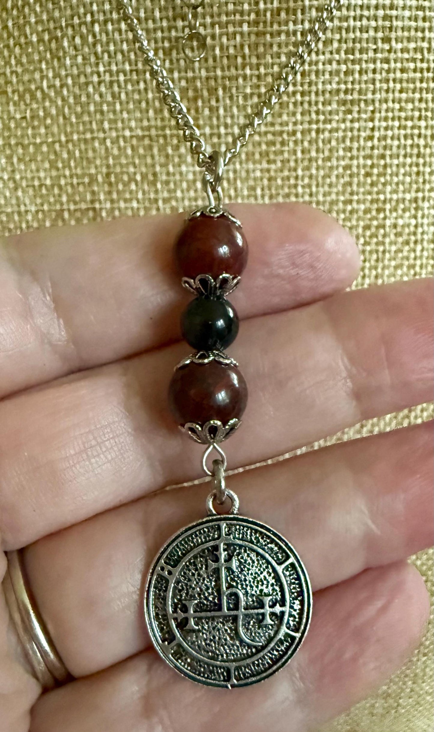 Lilith Sigil Necklace with Red Brecciated Jasper, and Obsidian Beads.