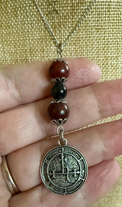 Lilith Sigil Necklace with Red Brecciated Jasper, and Obsidian Beads.