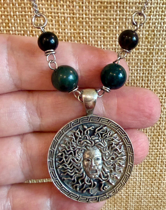 Medusa Pendant Necklace with Moss Agate and Obsidian Beads.