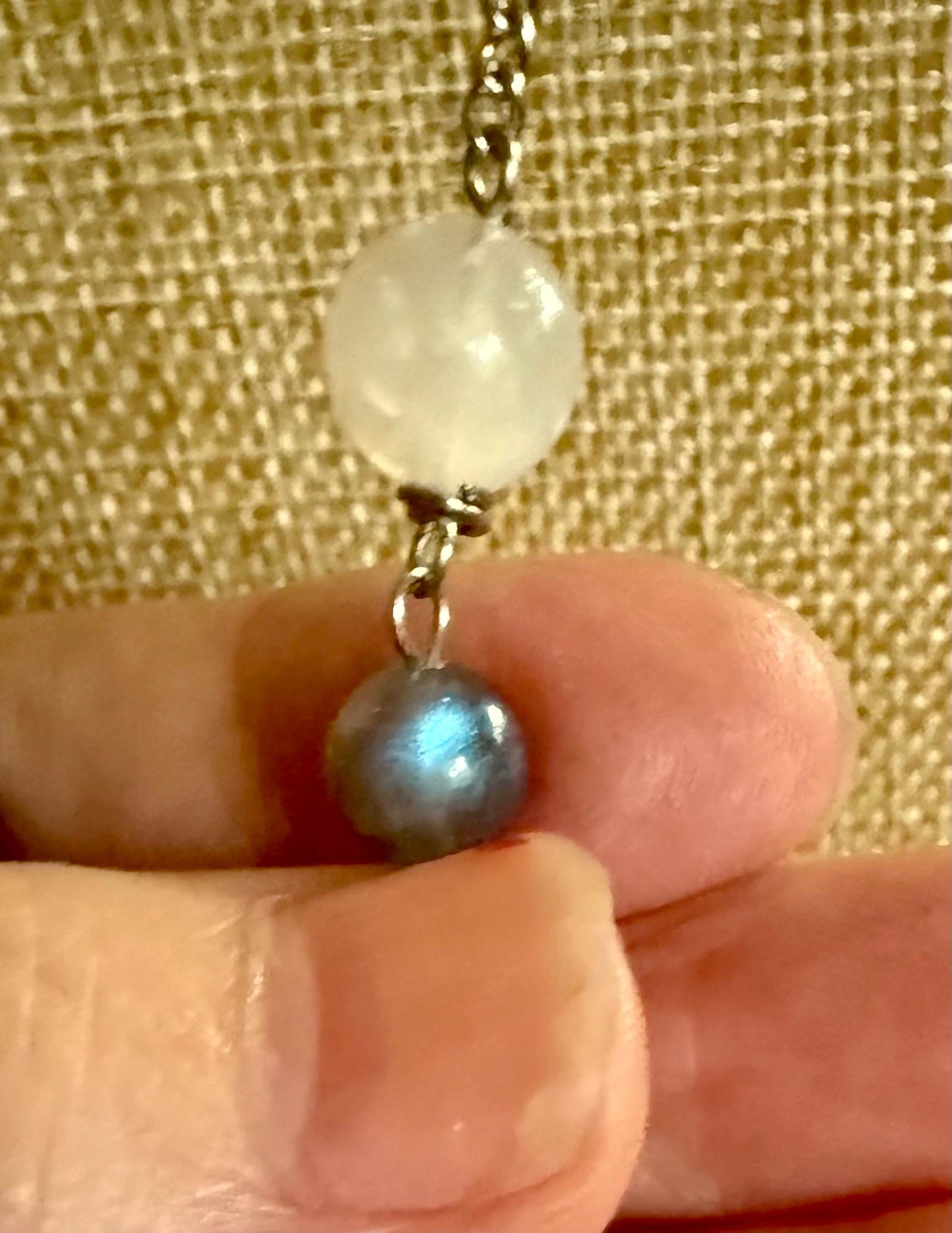 Witch’s Knot Charm Pendant Necklace with Labradorite and Moonstone Beads.